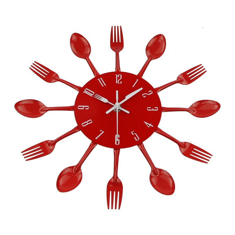 Timelike Kitchen Wall Clock, 3D Removable Modern Creative Cutlery Kitchen Spoon Fork Wall Clock Mirror Wall Decal Wall Sticker Room Home Decoration (Red) - Image 2